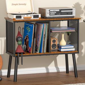 Record Player Stand with Adjustable Divider, Vinyl Storage Holder Up to 200 Albums, Mid-Century Large Record Player Table, Vinyl Holder Turntable Stand End Table Storage Rack for Bedroom & Living Room