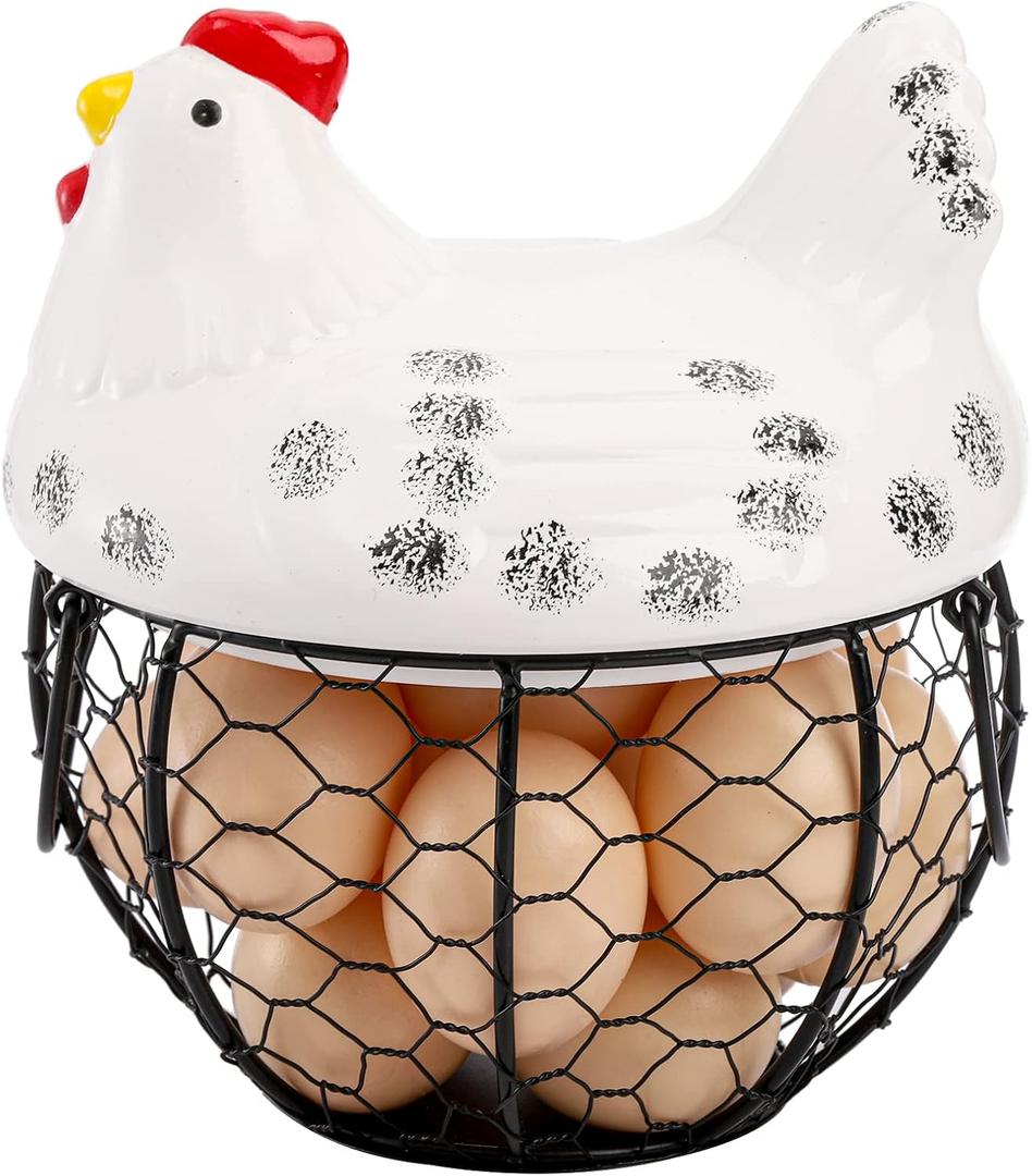 AVLA Chicken Egg Basket, Black Wire Egg Collection Baskets with Ceramic Lid for Gathering Fresh Eggs, Chicken Egg Holder, Decorative Farmhouse Style Cute Egg Storage Container for Kitchen, Countertop
