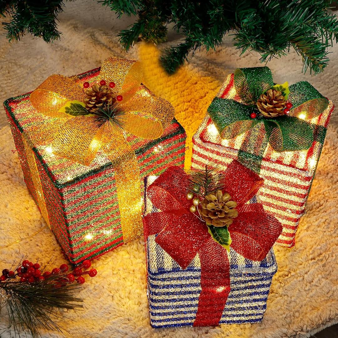 Lulu Home Christmas Lighted Boxes, 60 LED Light Up Collapsible Deocr Indoor Outdoor, Plug in Light Up Christmas Boxes Present Decorations Indoor Outdoor Yard