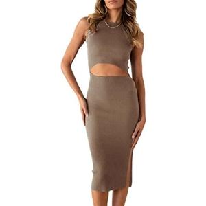 PRETTYGARDEN Women's Summer Midi Bodycon Dresses Casual Crew Neck Side Slit Sleeveless Knit Cut Out Tank Top Dress, S, Camel