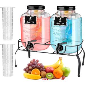 Lallisa 2 Pcs 2 Gallon Glass Drink Dispenser with Stand Ice Cylinder Hanging Chalkboard Signs 18/8 Stainless Steel Spigot Beverage Dispensers for Parties Mason Jar Drink Lemonade (Black Spigot)