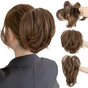 SEGO Claw Clip Short Ponytail Extension Messy Bun Hair Piece With 4 Bendable Metals DIY Synthetic Fake Hair Bun For Women 8 Inch-#6H27 Brown/Dark Blonde