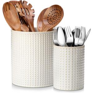 MALACASA LYDIA Ceramic Utensil Holders, 7.3"+5.5" Kitchen Utensil Crock Set for Countertop, Large & Small Utensil Organizers for Cooking Tools, Rhombus Pattern