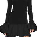 Women's 2024 Fall Dress Sexy Crew Neck Puffy Long Sleeve Bubble Party Club Bodycon Mini Dresses L