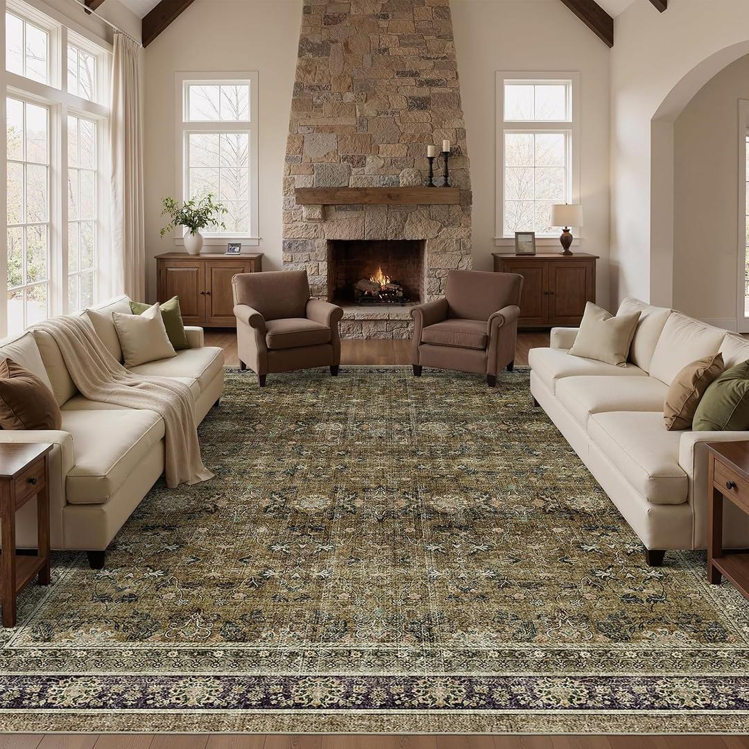 WITSHOCK 11x15 Area Rugs for Living Room - Washable Vintage Rug Retro Antique Dark Large Non Slip Low Pile Soft Boho Indoor Floor Carpet for Bedroom Dining Room Home Decor, Brown Olive Green