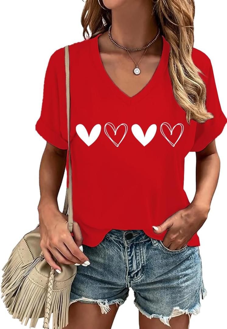 Valentines Shirts for Women More Love T-Shirt Love Heart V Neck Tee Tops Valentines Gifts for Her (Red, XL)