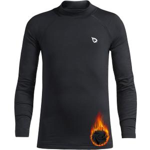 baleaf Boys Thermal Compression Shirts Youth Long Sleeve Fleece Base Layer Soccer Football Cold Gear (Black, XS)