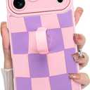 KANGHAR Compatible with iPhone 17 Pro Case 2025, Silicone Checkered Cute Pattern, Wristband Kickstand Camera Protection Soft Slim Cover for Girls Women -Pink Purple