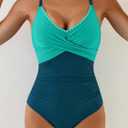 Aidonger Women's One Piece Swimsuit Tummy Control Front Cross Bathing Suit Color Block Slim Tie Back High Waisted Swimwear (Blue, L)