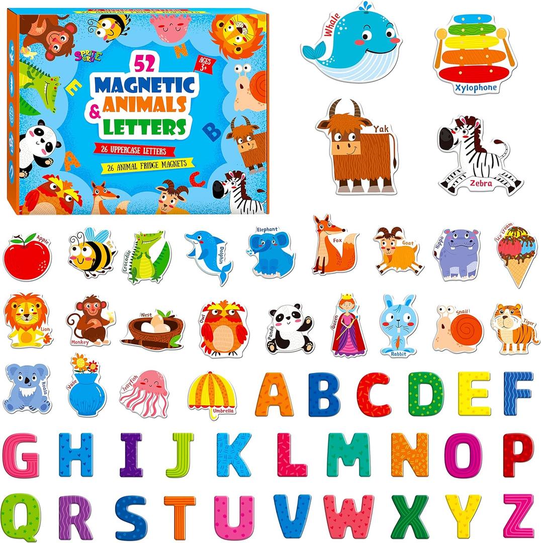 Large Magnetic Letters and Animals, Educational Learning Tool for Kids Word Recognition 52 Pieces Magnets Include 26 Colorful Alphabet Letters and Corresponding Cartoon Images