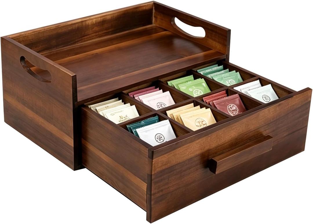 Acacia Wood Tea Bag Organizer Drawer with 12 Compartments, Premium Wooden Tea Box Storage Caddy & Multi Functional Countertop Tea Station