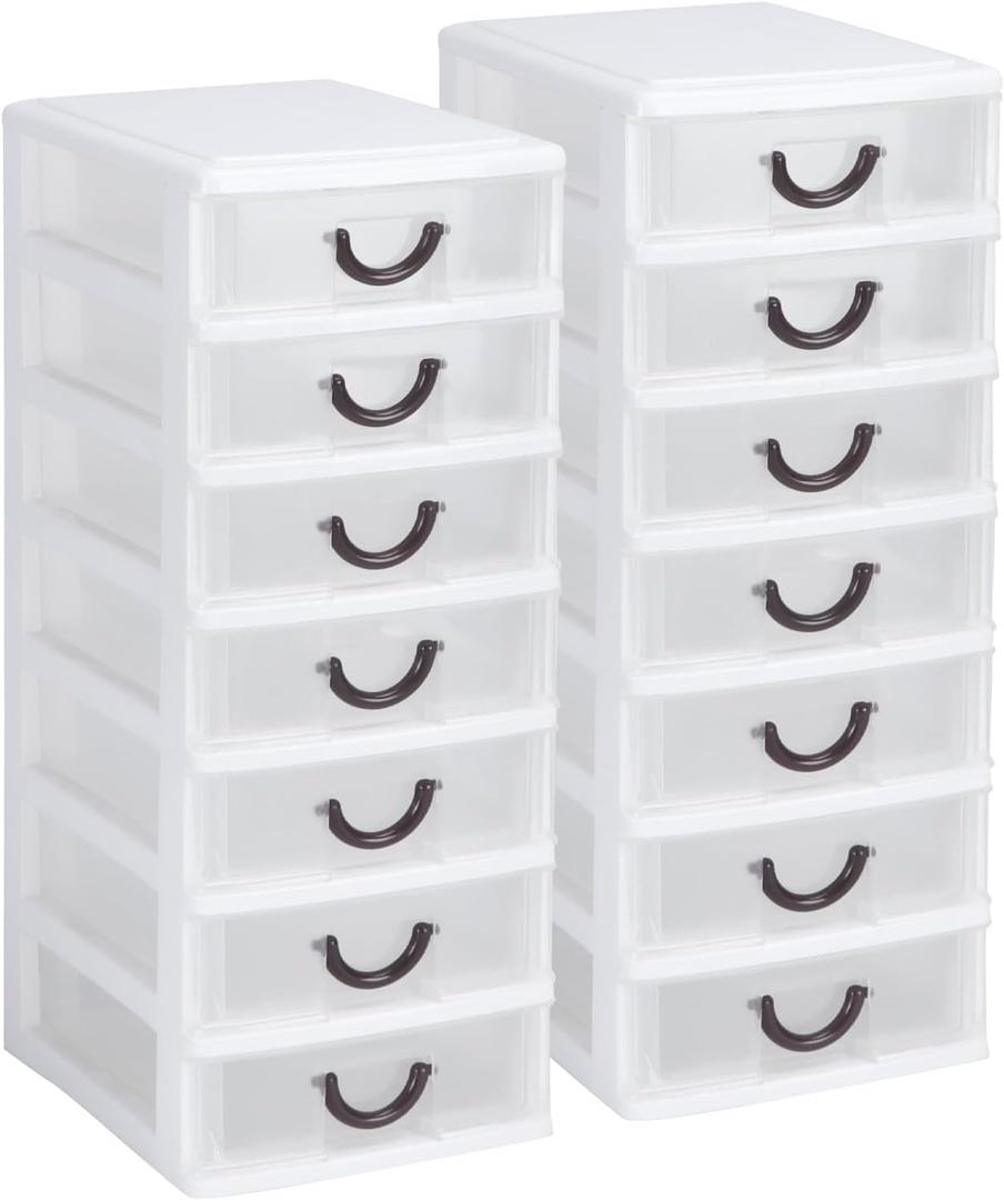 Rempry 2 Pack Mini Plastic Drawers Organizer, 7.1"x5.1"x13.2" Small Storage Drawers Organizer Container Case with 7 Clear Desktop Drawer Units, White