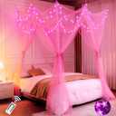 Lovelite Pink Bed Canopy with Lights for Girls, 8 Corners Post Canopy Bed Curtain with Pink LED Star Lights Remote Control for Girls Bedroom, Hanging Princess Canopy for Twin Full Queen King Bed