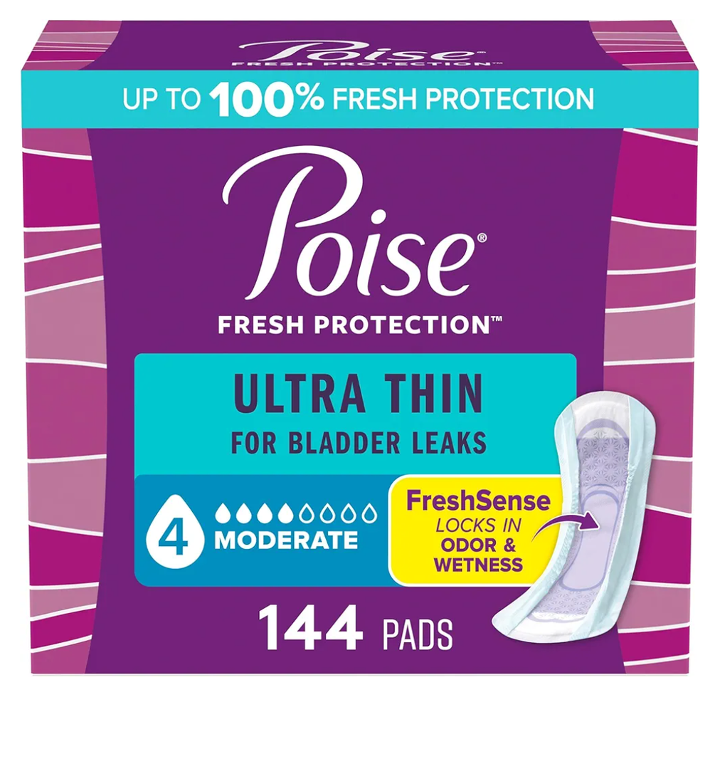 Poise Ultra Thin Incontinence Pads & Postpartum Pads for Bladder Leaks, 4 Drop Moderate Absorbency, Regular Length, 144 Count