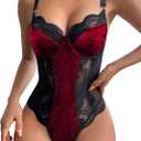 Lilosy Sexy Leather Underwire Push Up Floral Lace Sheer Corset Lingerie Women Teddy Bodysuit Bustier Top One Piece (Large, Red Velvet)
