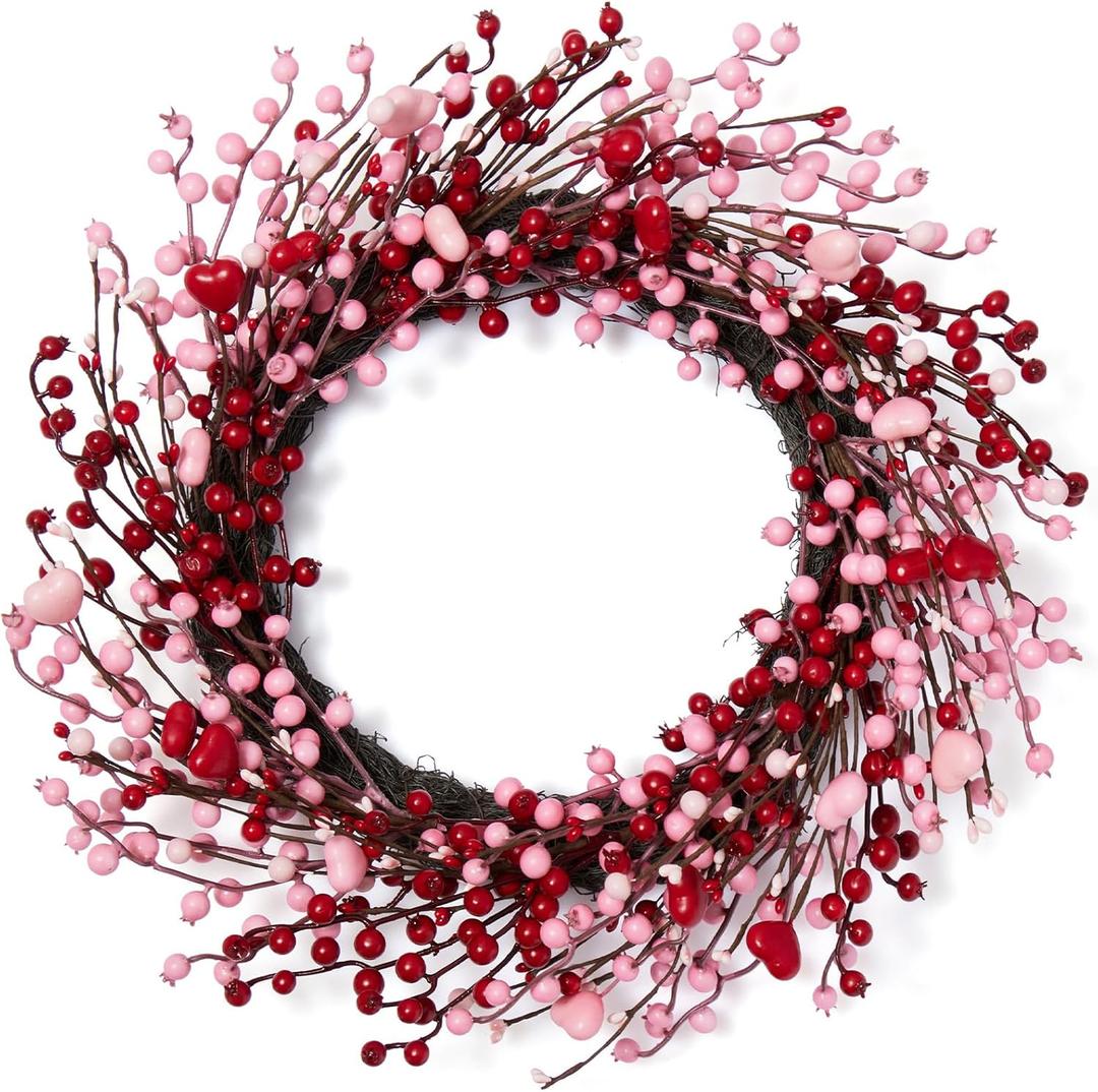 22in Valentines Day Wreath for Front Door, Valentines Day Door Wreath with Pink and Red Berries for Wall Indoor Decoration, Artificial Berry Wreath for Valentine's Day Anniversary Wedding Home Decor