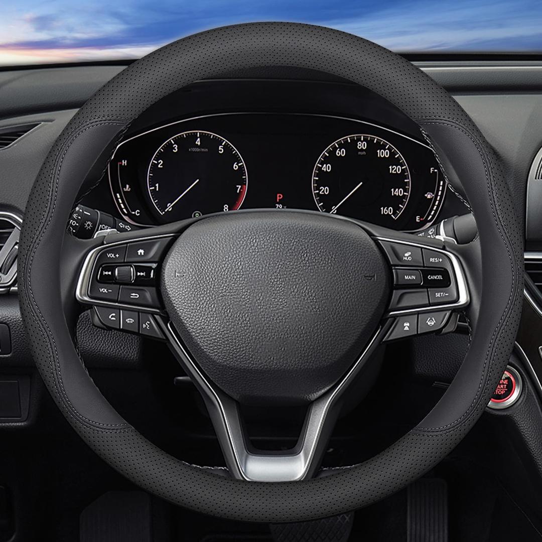 XHRING Car Steering Wheel Cover for Ford F150 F250 F350 Super Duty Expedition Toyota Tacoma Tundra 4Runner RAM 1500 2500 3500 Lexus GX Grand Caravan Range Rover Accessories Leather Black (15 ''-16'')