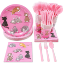Sustainable Greetings Cat Birthday Party Supplies, Paper Plates, Napkins, Cups and Plastic Cutlery (Serves 24, 144 Pieces) - Cat Birthday Decorations - Kitten Party Decorations
