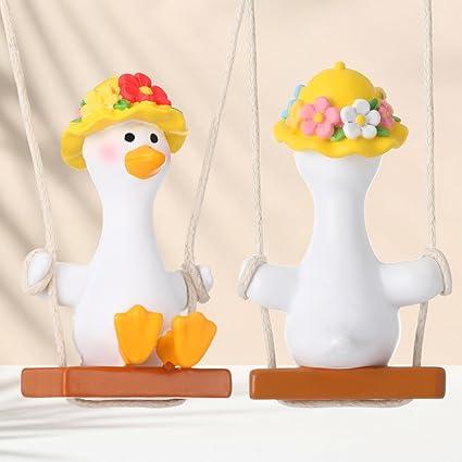 Chunful Silly Swinging Goose Car Hanging Ornament Rear View Mirror Accessories Funny Car Decor Gifts for Women Men Christmas Tree Decorations for Mom Dad Goose Lover(Flower Hat)