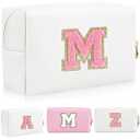 ONEDIGI Preppy Makeup Bag, Personalized Initial Letter Patch Makeup Bag, Large Capacity Cosmetic Bags for Women, Cute PU Leather Waterproof Travel Toiletry Bag for Teen Girls (Letter M, White)