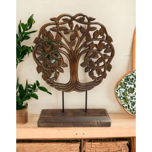 VANIYA CRAFTS Wooden Carved Handmade Tree Design Engraved Table Decor Table Sculpture Home Decor Statue for Living Room, Bedroom, Office Desktop, Cabinets (Walnut)