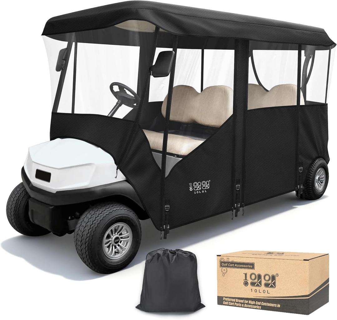 10L0L 2/4/8 Passenger Golf Cart Enclosure for Club Car Precedent/Tempo/Onward, 600D Waterproof Golf Cart Rain Cover, Driving Enclosure with 4-Sided Clear Windows Roll-up Door Black -Roof 58"-141"