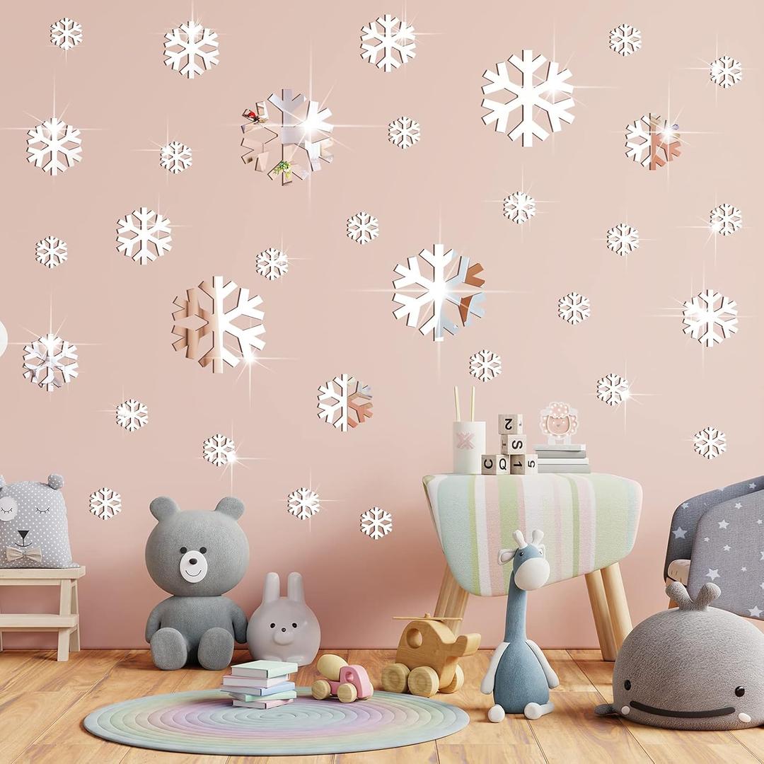 30 Pieces Winter Snowflakes Stickers Acrylic 3D Mirror Wall Sticker Decal Adhesive Removable Snowflakes Wall Decor for Winter Theme DIY Supplies(Silver) (As Picture Shows)