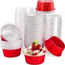 DEAYOU 100 Pack Aluminum Foil Cupcake Liners with Lids, 5oz Round Ramekin Baking Cups, Disposable Tart Pie Tin Pan Holder, Mini Cake Containers for Pudding, Party, Wedding, Oven Freezer Safe, Red