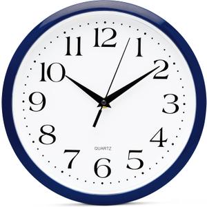 Bernhard Products Navy Wall Clock Silent Non Ticking - 10 Inch Quality Quartz Battery Operated Round Easy to Read Home/Kitchen/Office/Classroom/School Clock