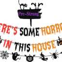 Pre-Strung There's Some Horrors In This House Banner with Pumpkin Skull Spider Web Bat Witch Ghost Sign for Halloween Party Decorations Home Office Classroom Indoor Wall Mantel Fireplace Backdrop