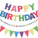 Pre-Strung Happy Birthday Banner & Felt Garland Set - Pastel Birthday Decorations for Women Girls | Reusable Party Supplies for Indoor & Outdoor