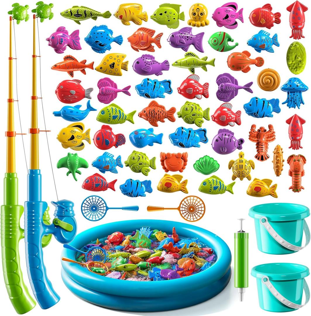 Magnetic Fishing Game Pool Toys for Kids 3 4 5 6 7 8, Water Table Bathtub Toys with Inflatable Pool, Bath Toys for Toddlers, Summer Outdoor Indoor Magnetic Fishing Toys Gifts for Boys Girls 3-5 4-8