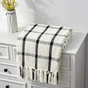 CREVENT 50"X60" Farmhouse Breathable Soft and Warm Chenille Plaid Throw Blanket for Sofa Couch Bed, Home Decoration Throw with Tassles (Black & White)