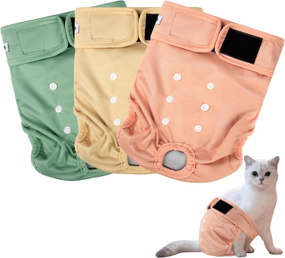 Tuiskusa Cat Diapers, Reusable Cat Diapers with Good Absorbency, Washable Diapers for Kittens & Cats, Secure Fit (3 Pack) Small