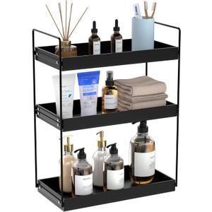 Bathroom Countertop Organizer, 3 Tier Metal Vanity Counter Skincare Shelf, Matte Black Under Sink Standing Rack With Acrylic Tray, Home Storage Holder For Lotion Makeup Cosmetics Perfume Spice