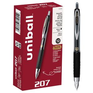 uni-ball 207 Retractable Fraud Prevention Gel Pens, Micro Point, 0.5 mm, Black Barrels, Black Ink, Pack Of 12