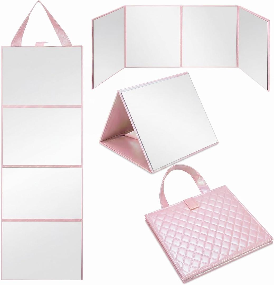 3 Way Foldable Full Length Mirror with Handle Leather 31.89 x 11.22 Inches Portable Hanging Travel Mirror Rectangular for Makeup Dance Home Fitness Spa Hair Styling (Rose Gold)