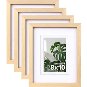 Egofine 8x10 Picture Frames Natural Wood Frames with Plexiglass, Display Pictures 4x6/5x7 with Mat or 8x10 Without Mat Set of 4 for Tabletop and Wall Mounting
