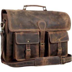 Leather briefcase 18 inch laptop messenger bag for men and women best satchel office bag (Brown)