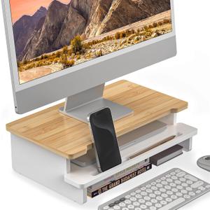 Computer Monitor Stand Riser, 16.5 Inch Wood Desk Shelf Storage Organizer with Phone Tablet Holder, White & Natural Bamboo