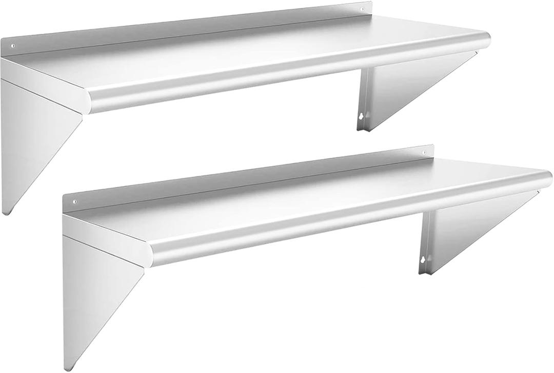 Stainless Steel Shelf 12" x 48" - 2 Pack 350 lb Wall Mounted Commercial Stainless Steel Shelves Metal Shelving for Restaurant, Bar, Utility Room, Kitchen and Garage (2 Piece Set)