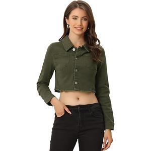 Allegra K Women's Jean Jacket Frayed Button Up Washed Cropped Denim Jacket, Olive Green, Medium
