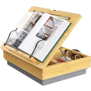 AboveTEK Book Stand for Reading with Storage, Adjustable Bamboo Book Holder with Soft Lap Cushion, Cookbook Stand, Hands-Free Book Reading Stand for Bed, Desktop & Kitchen Counter, Brown