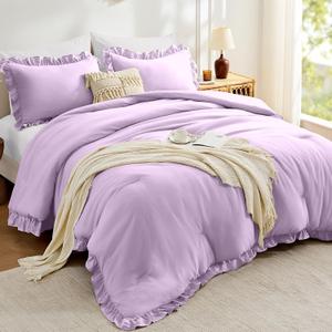 FUANNA King Size Comforter Set Lavender, 3 Pieces Ruffle King Bedding Set, Fluffy Farmhouse Bed in a Bag King with 1 Lightweight Comforter & 2 Pillowshams