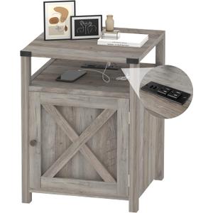 Farmhouse Nightstand with Charging Station, Rustic End Table Bedroom with Storage Living Room Side Table Grey Night Stand Industrial Bedside Bed Table with USB Ports and Outlets, 18d X 18w X 24h in