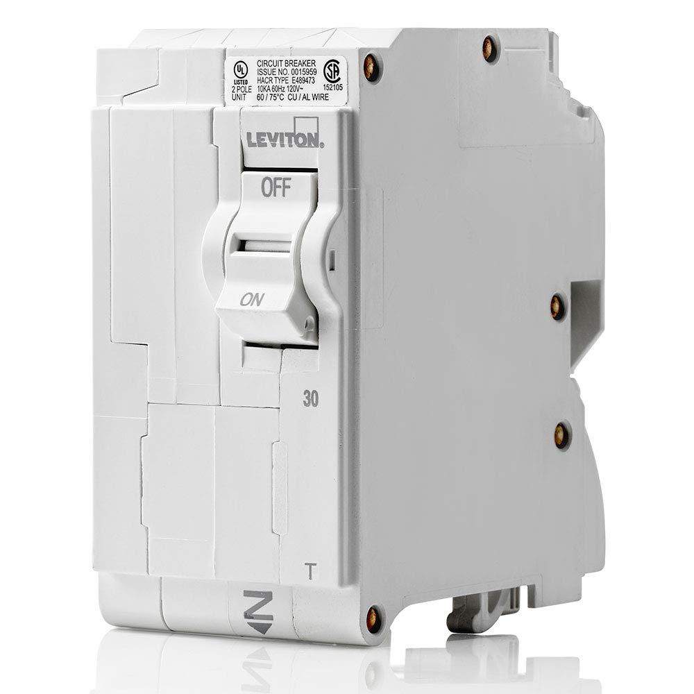 Leviton LB230-T 30A 2-Pole Plug-On Standard Branch Circuit Breaker, Thermal Magnetic, 120/240 VAC, White