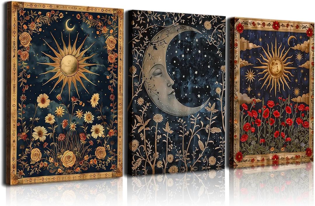 Framed Tarot Crescent Moon Canvas Wall Art Set of 3 - Psychedelic Retro Sun and Moon Celestial Picture Wall Decor Gothic Wildflowers Posters Print Artwork Aesthetic Dark Academia Home Decor 16×24In, 24L" x 16W"