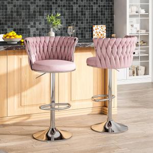 AWQM Velvet Bar Stools Set of 2,Counter Height Barstools Adjustable Kitchen Island Chairs,Swivel Barstool Upholstered Counter Bar Chairs with Back & Footrest, Pink