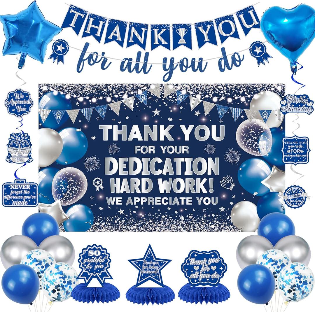 Vlipoeasn We Appreciate You Banner Decorations, Blue Silver Thank You for All You Do Backdrop Banner Honeycomb Centerpieces, Retirement Office Decor Staff Teachers Professors Doctor Nurses