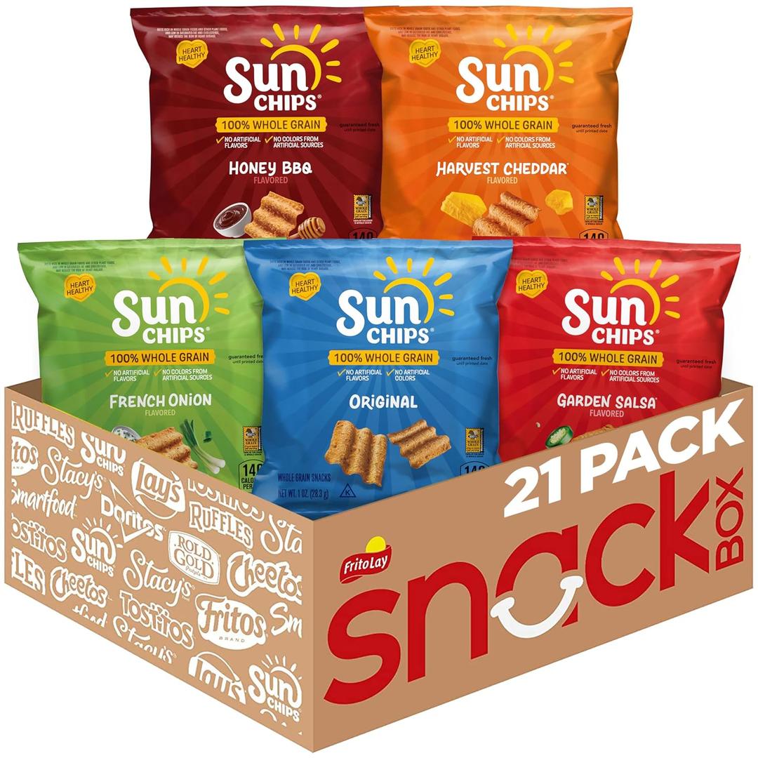 SunChips 100% Whole Grain Chips, Variety Pack, 1 oz Bags, Pack of 21, No Artificial Flavors, No Colors from Artificial Sources (EXP 10/20/26)